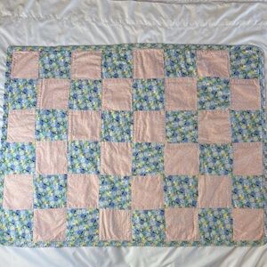 Handmade Cotton Calico Print Peach and Blue Patchwork Baby Quilt